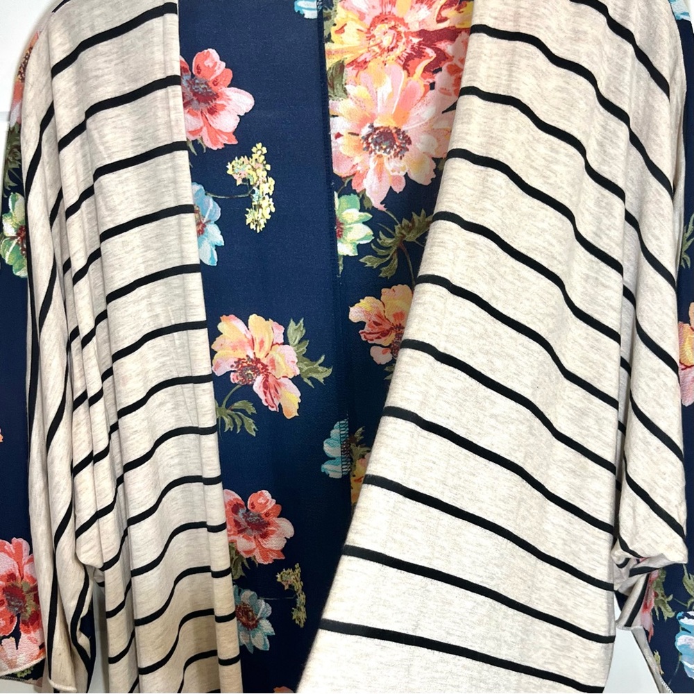 Floral Striped Open Front Cardigan Kimono Oversized Sz S Boho Cottagecore Casual - Picture 4 of 9